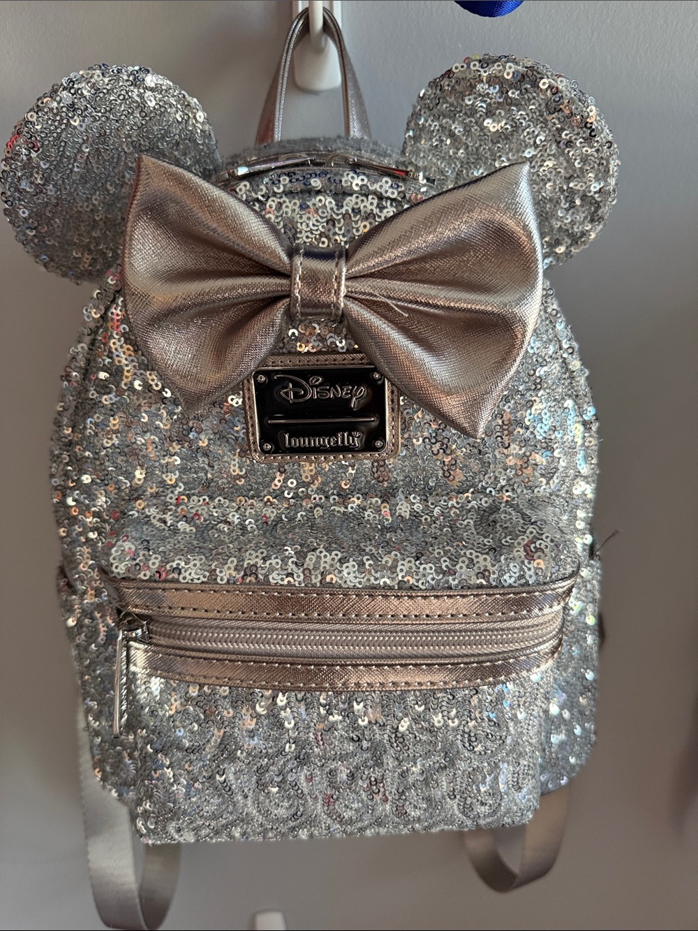 Loungefly Silver Sequin Minnie Ear Mini Backpack with Metallic Bow